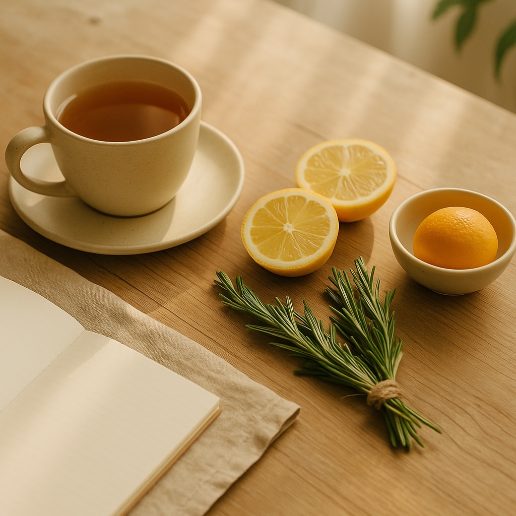Warm morning sunlight shining on a wooden table with a cup of herbal tea, fresh citrus slices, and bundles of herbs, symbolizing natural wellness and nourishment.