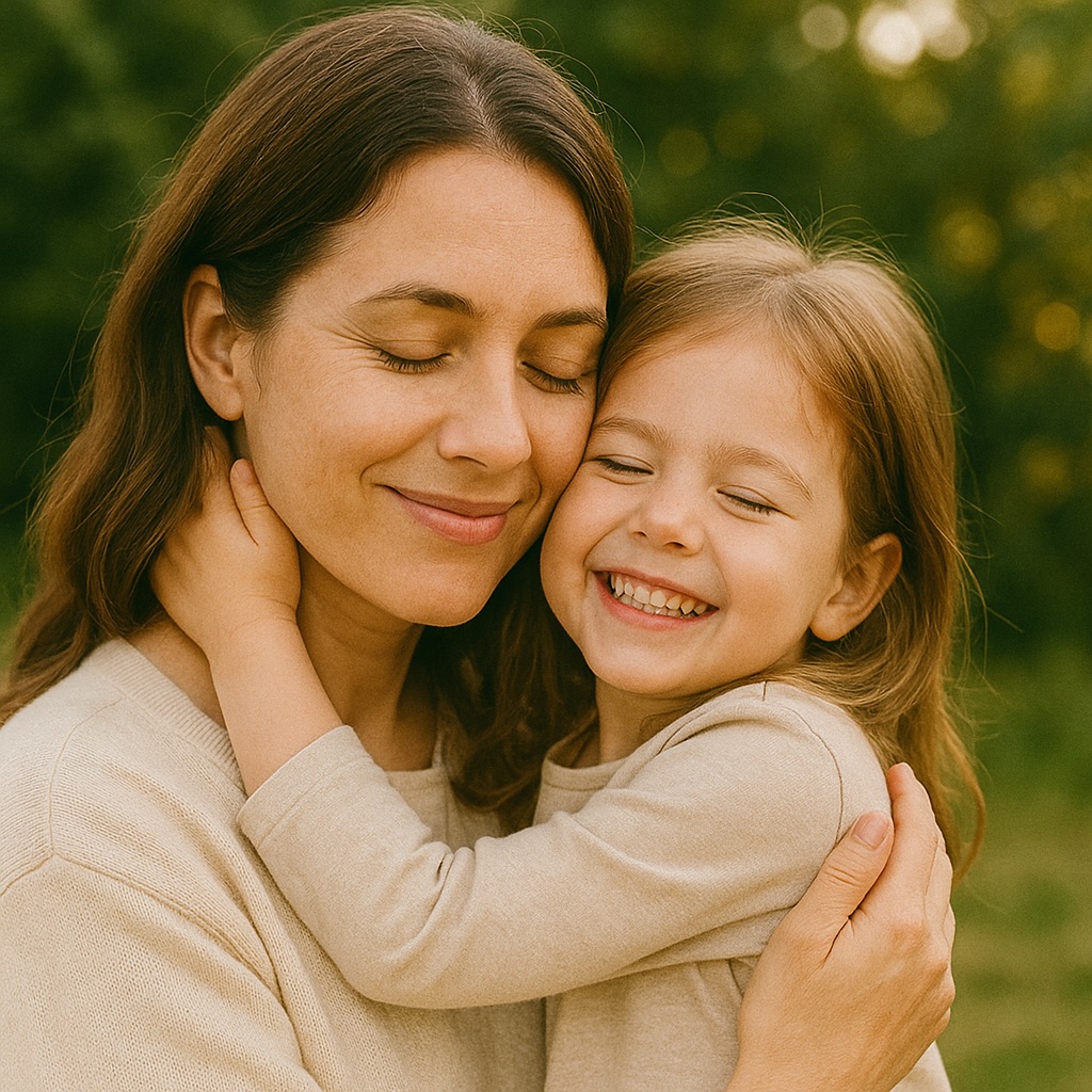 A mom and her child hugging and smiling outdoors.
